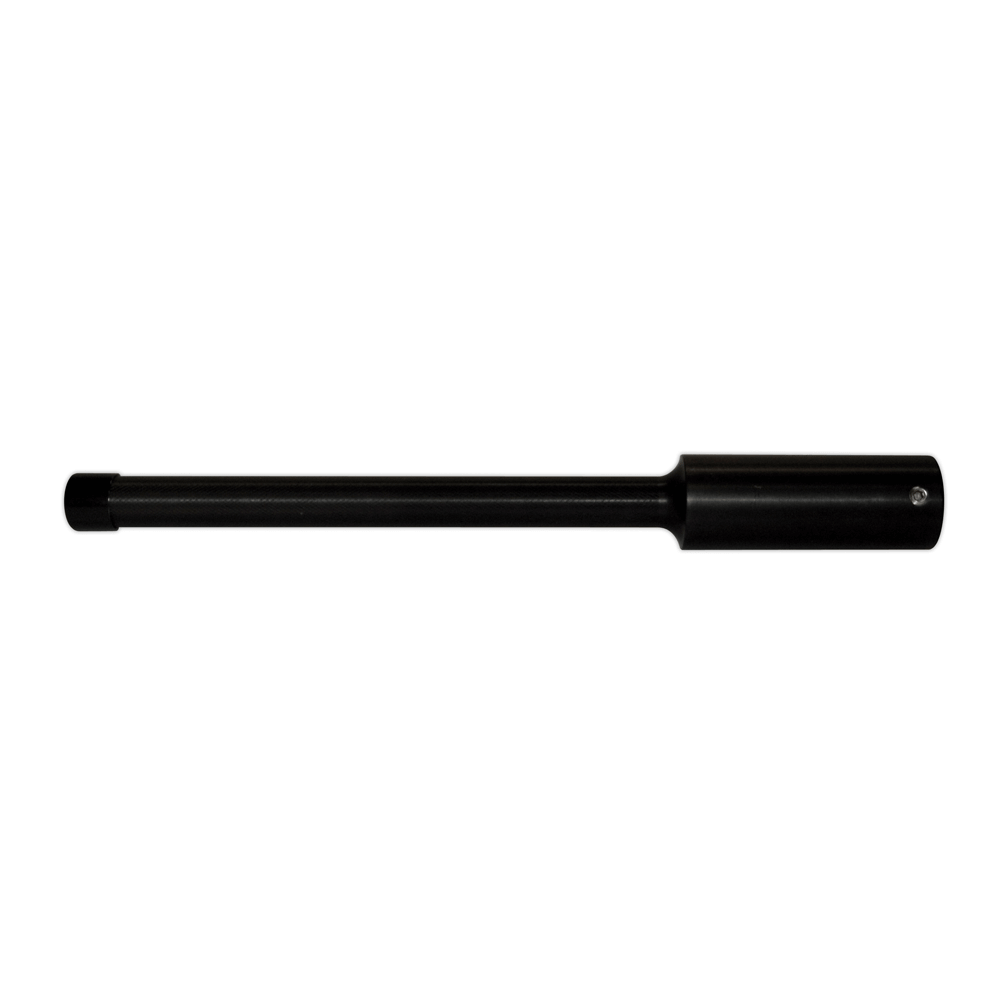 Side view of a black cylindrical Boom Handle Attachment with a tapered end and a small hole for secure mounting.