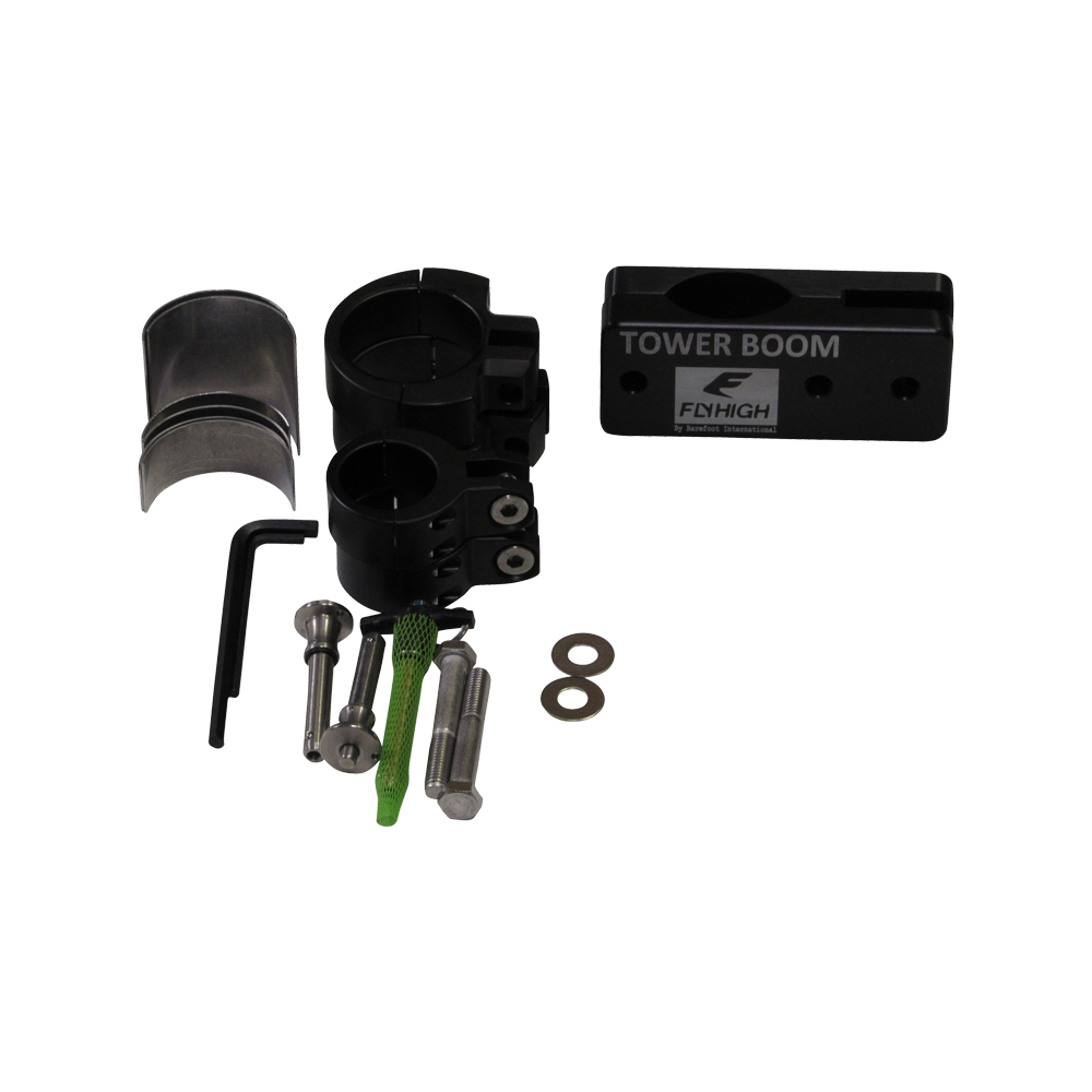 Top view of Tower Boom set with black and silver boom poles, clamps, green pins, and rubber strips.