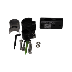 Top view of Tower Boom set with black and silver boom poles, clamps, green pins, and rubber strips.