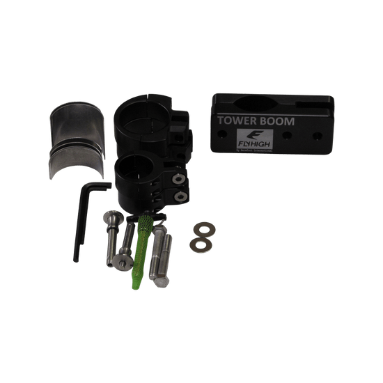Top view of Tower Boom set with black and silver boom poles, clamps, green pins, and rubber strips.