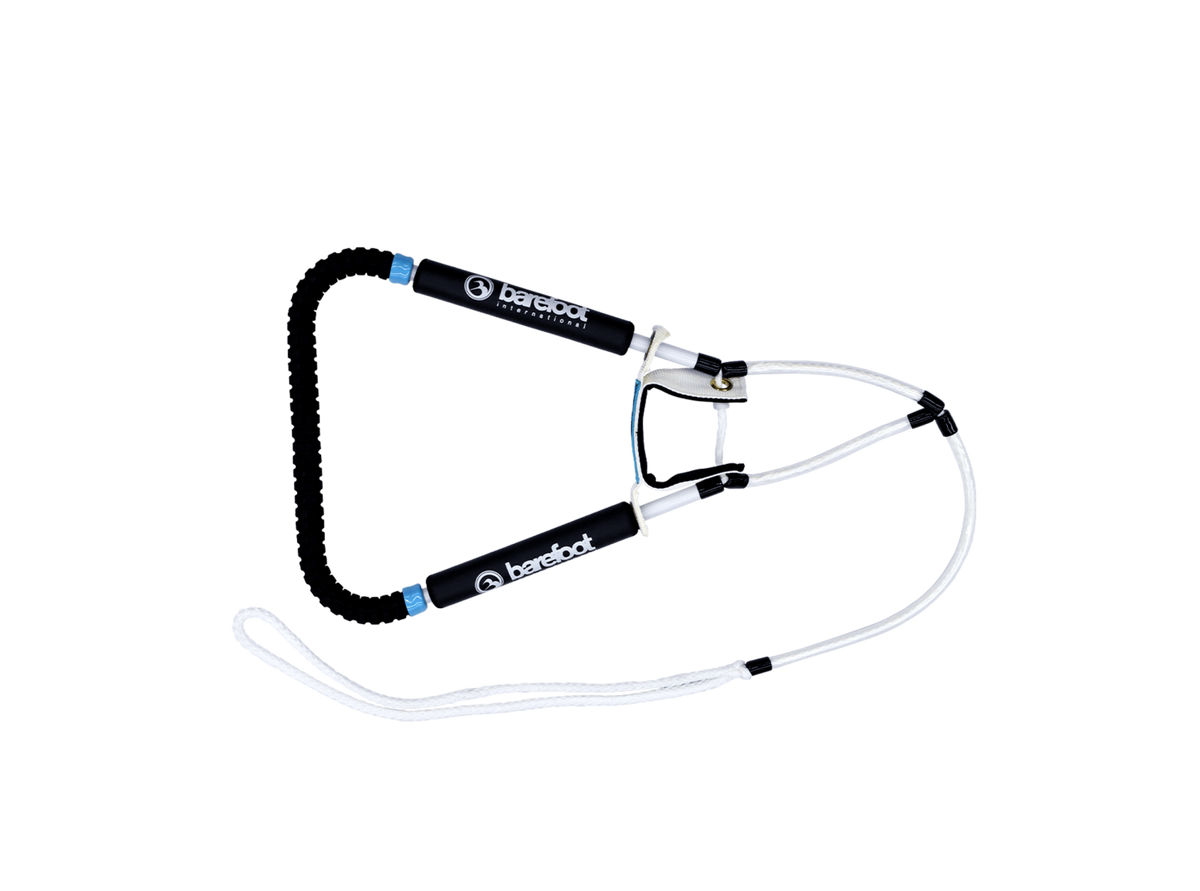 Black full wrap handle with padded grip, white ropes, and blue accents on the connectors.