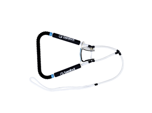Black full wrap handle with padded grip, white ropes, and blue accents on the connectors.