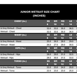 Junior wetsuit size chart displaying measurements for chest, waist, hips, and torso in inches for various sizes.