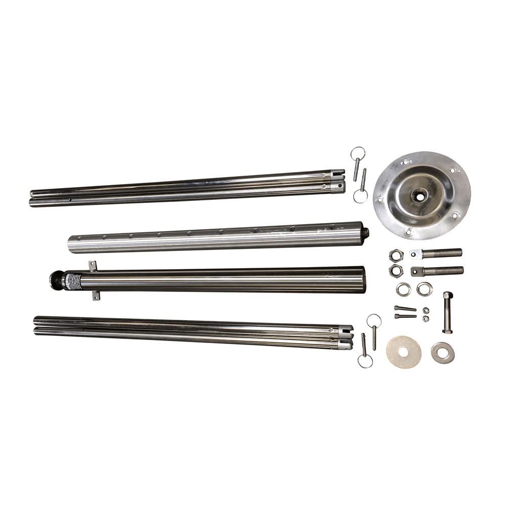 Disassembled stainless steel Adjustable Pro Ski Tow Pylon with base plate and hardware.