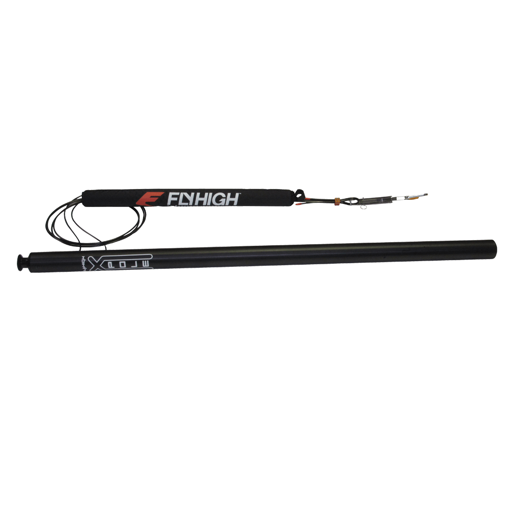 Angled view of a black aluminum Fly High X-Pole with a padded cable, carabiner, and attachment hardware.