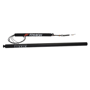 Angled view of a black aluminum Fly High X-Pole with a padded cable, carabiner, and attachment hardware.