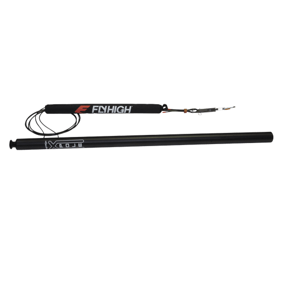Angled view of a black aluminum Fly High X-Pole with a padded cable, carabiner, and attachment hardware.