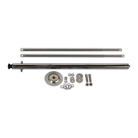 Stainless steel Pro Ski Tow Pylon disassembled with mounting base and hardware laid out.