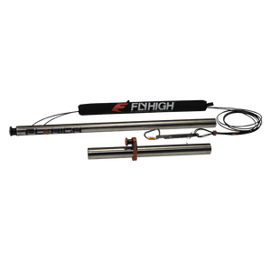 Angled view of a disassembled stainless steel Fly High pole with a padded cable, carabiner, and attachment components.