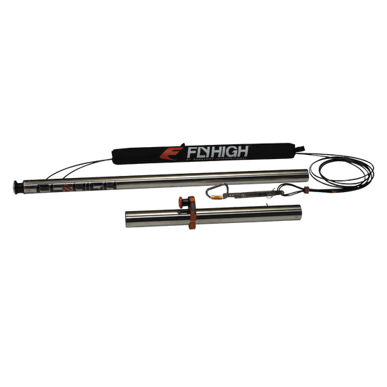 Angled view of a disassembled stainless steel Fly High pole with a padded cable, carabiner, and attachment components.
