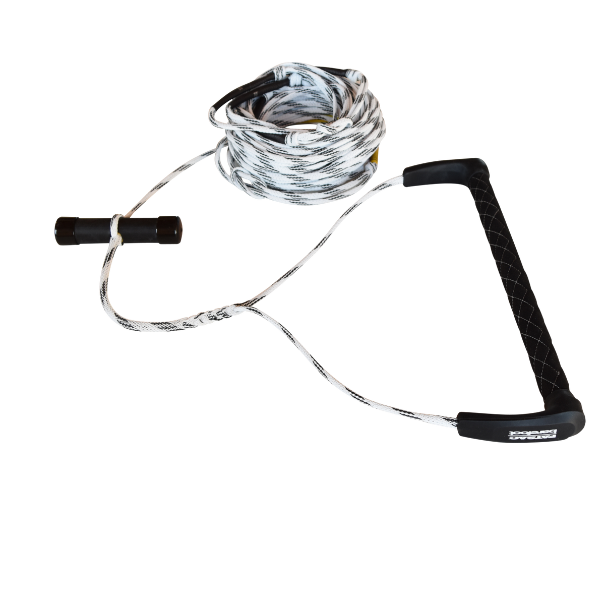 White and black tow rope with a black handle next to the coiled up rope with a transluscent background.
