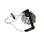 White and black tow rope with a black handle sitting on top of the coiled rope with a transluscent background.