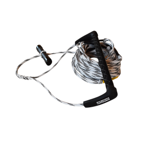 White and black tow rope with a black handle sitting on top of the coiled rope with a transluscent background.