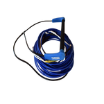 Blue cable rope with black and blue handle bundled in a tight circle with a transparent background.
