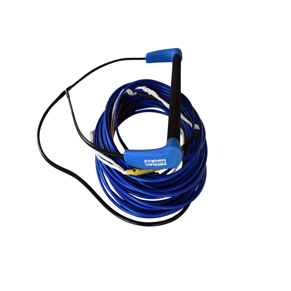 Blue cable rope with black and blue handle bundled in a tight circle with a transparent background.