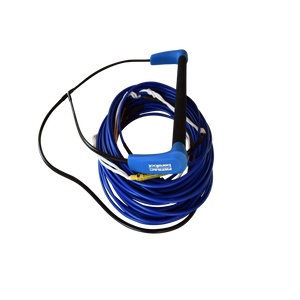 Blue cable rope with black and blue handle bundled in a tight circle with a transparent background.