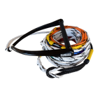 Coiled multicolored ski rope with black handle, featuring take-off loops for adjustable length.