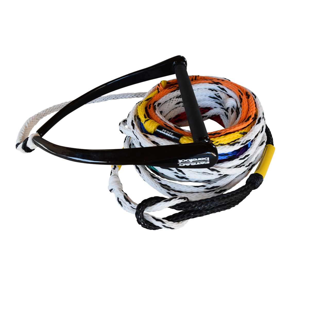 Coiled multicolored ski rope with black handle, featuring take-off loops for adjustable length.