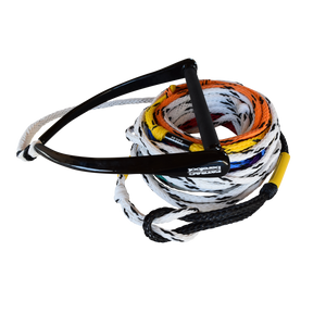 Coiled multicolored ski rope with black handle, featuring take-off loops for adjustable length.