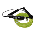 Coiled neon green Spectra rope with a black T-handle and black padded grips featuring "Barefoot" branding.