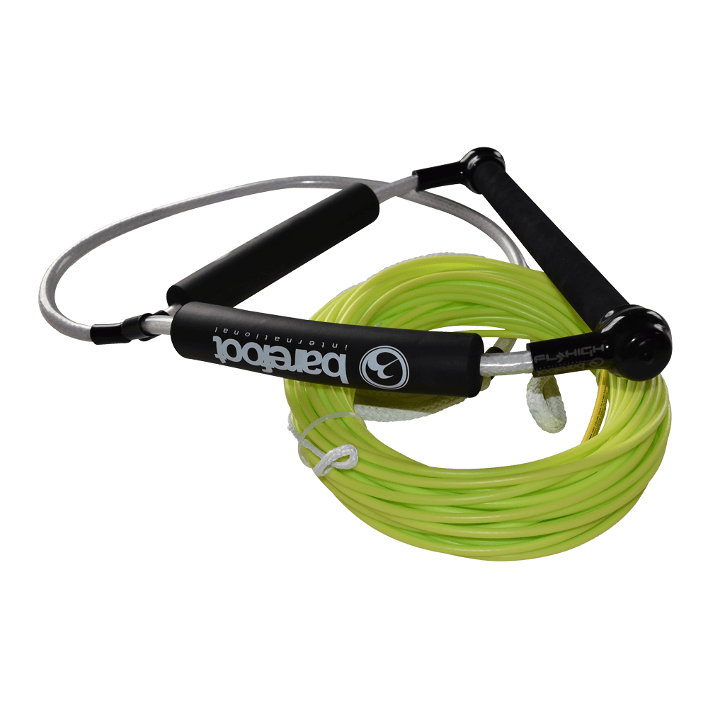 Coiled neon green Spectra rope with a black T-handle and black padded grips featuring "Barefoot" branding.