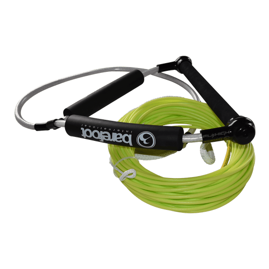 Coiled neon green Spectra rope with a black T-handle and black padded grips featuring "Barefoot" branding.