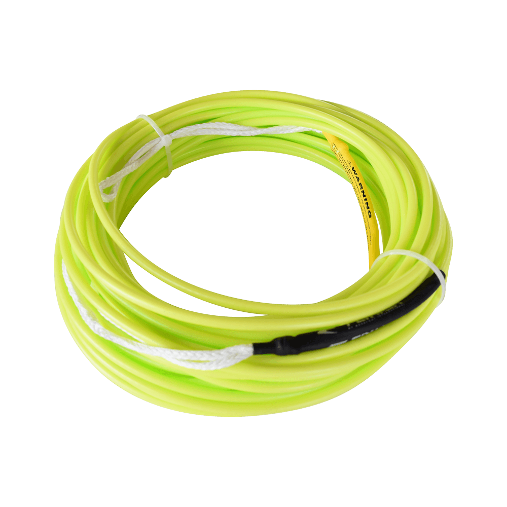 Coiled neon yellow Spectra rope with white braided sections and a black protective sleeve, featuring a warning tag.