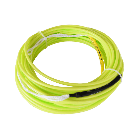Coiled neon yellow Spectra rope with white braided sections and a black protective sleeve, featuring a warning tag.