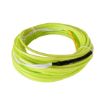 Angled view of neon yellow Spectra rope with white braided loops and black sleeve, coiled neatly.