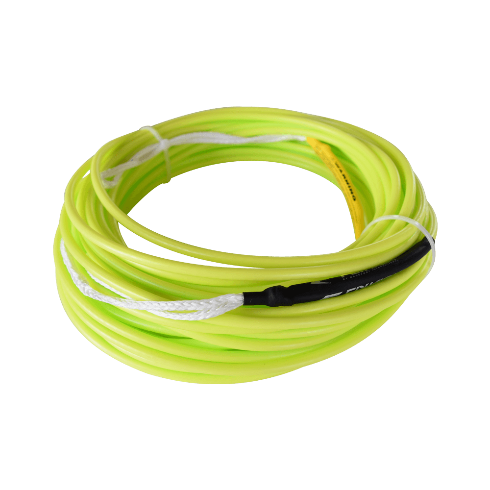 Angled view of neon yellow Spectra rope with white braided loops and black sleeve, coiled neatly.