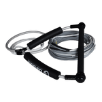 Angled view of BI Silver Spectra Rope Combo with a black handle, silver rope, and black foam grips.