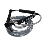 Coiled silver Spectra rope with a black handle, black foam grips, and white connecting lines.