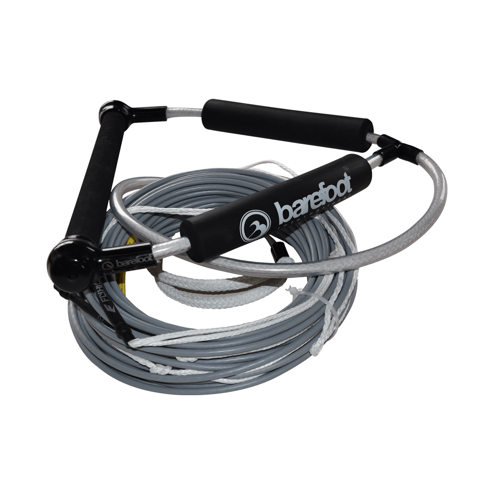 Coiled silver Spectra rope with a black handle, black foam grips, and white connecting lines.