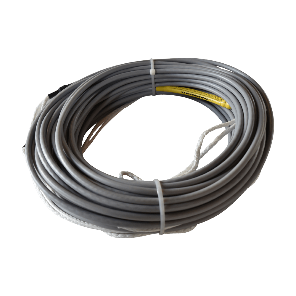 Coiled silver Spectra rope with PVC coating and foam core, secured with white ties.