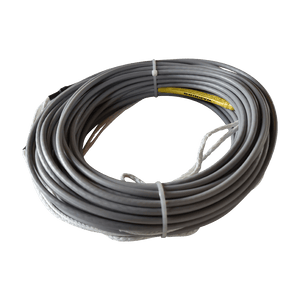 Coiled silver Spectra rope with PVC coating and foam core, secured with white ties.
