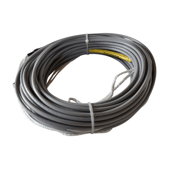 Coiled silver Spectra rope with PVC coating and foam core, secured with white ties.