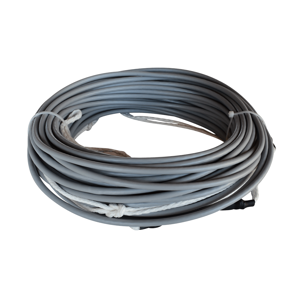 Side view of the Spectra Rope SILVER w/ PVC & Foam Core 100', neatly coiled with white ties.