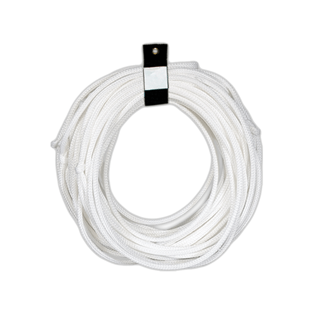 Coiled white Poly E Plus Line with a black strap securing it.