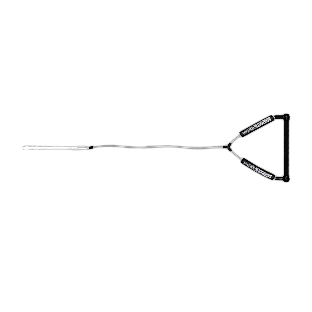 Black wake handle with triangular grip and long white rope attached on both sides.