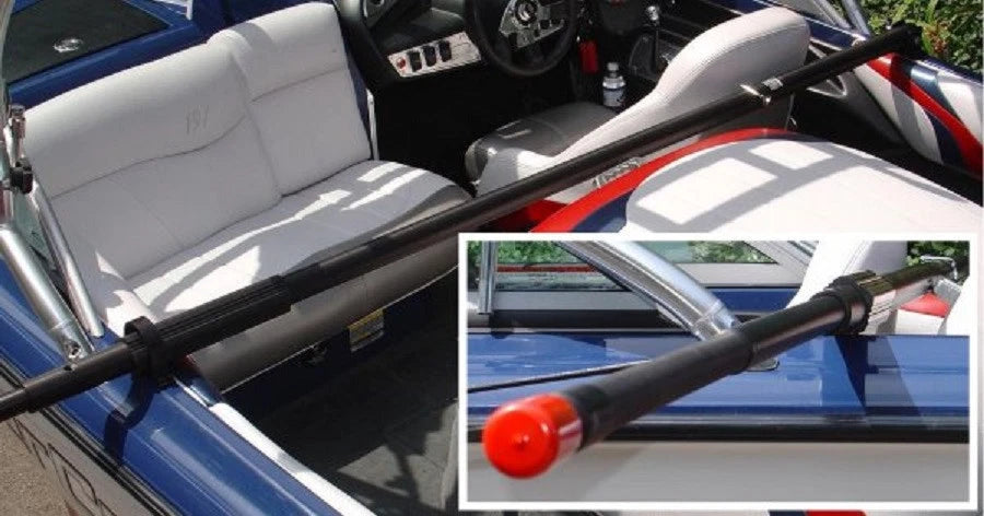 Deluxe Gunnel Mount Boom stowed across a boat, with a close-up of its red-capped end.