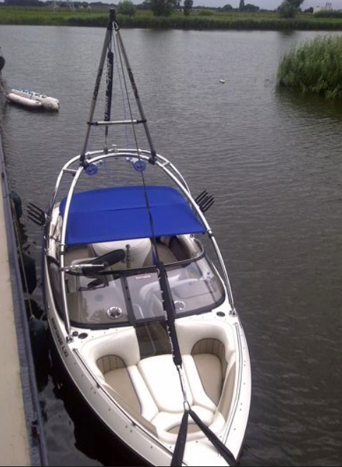 Top view of Pro X Series Tower Extension mounted on boat with tow line attached.