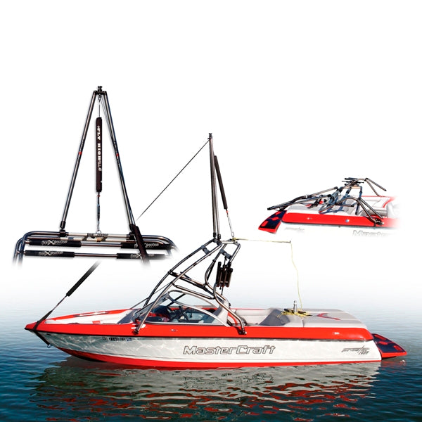 Composite angled view of Pro X Series Tower Extension installed on wake boat tower.