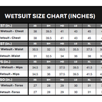 Wetsuit size chart displaying chest, waist, hips, and torso measurements in inches for various sizes.