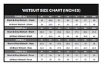 Wetsuit size chart displaying chest, waist, hips, and torso measurements in inches for various sizes.