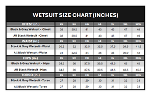 Wetsuit size chart displaying chest, waist, hips, and torso measurements in inches for various sizes.