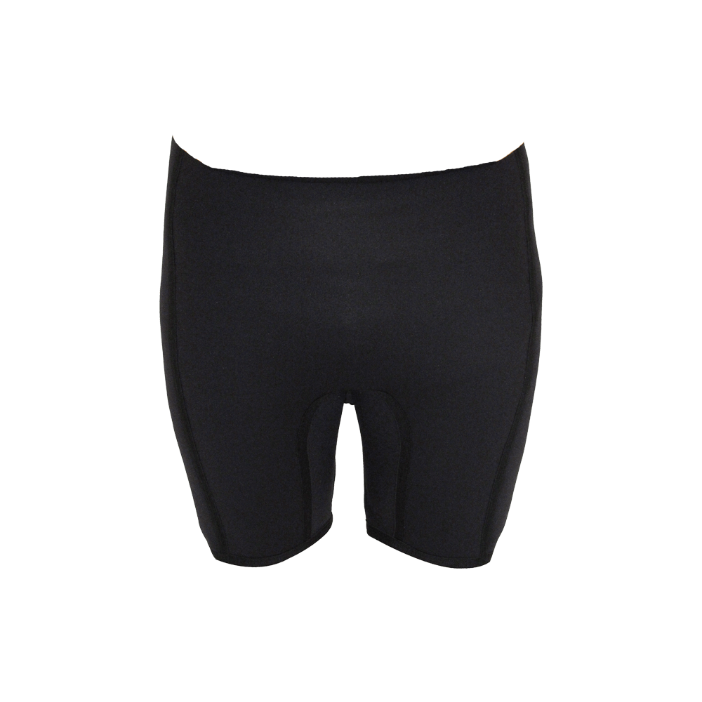 Front view of black Iron Wetsuit Shorts with smooth finish and contoured seams.