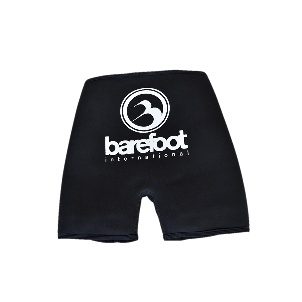 Back view of Iron Shorts, black neoprene with a white Barefoot International logo on the front.