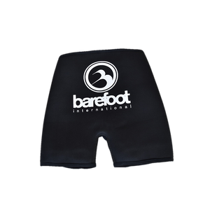 Back view of Iron Shorts, black neoprene with a white Barefoot International logo on the front.
