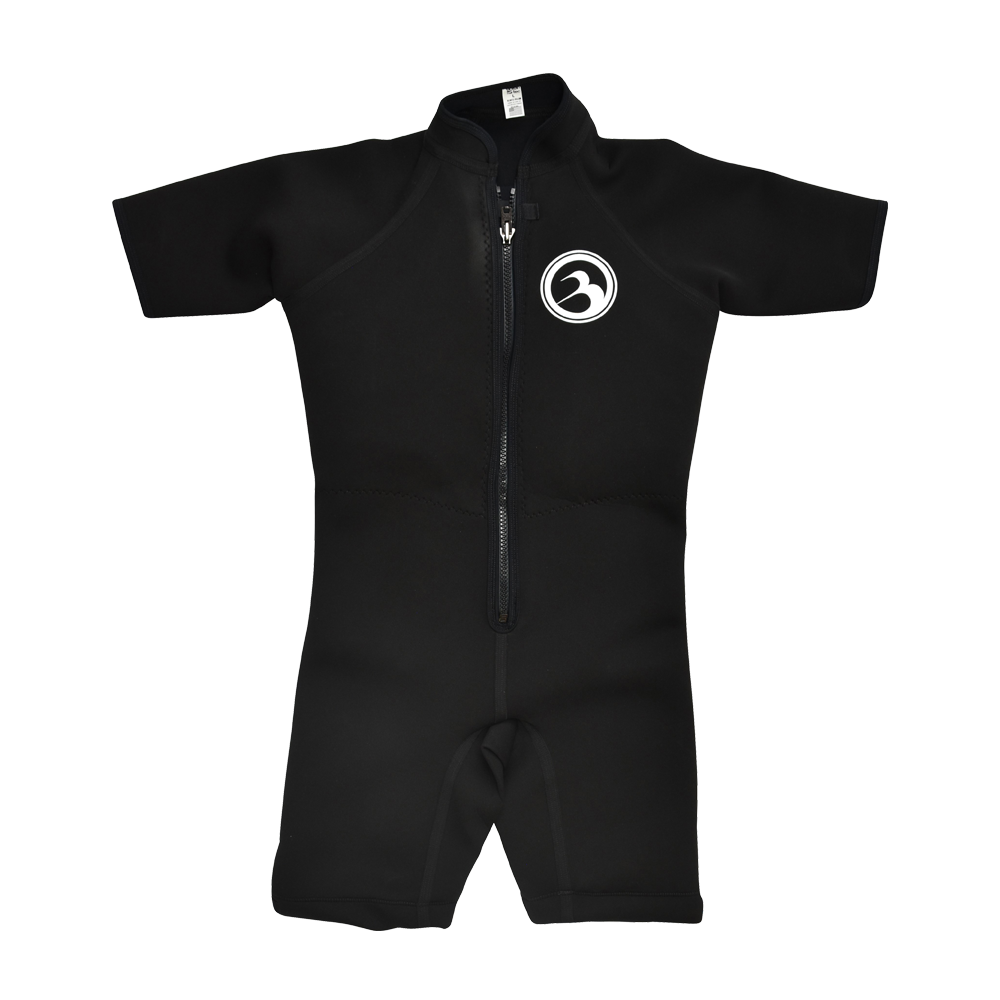 Front view of a black short-sleeve wetsuit with a front zipper and a white Barefoot International logo on the chest.