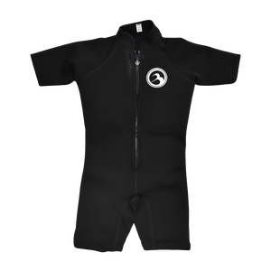 Front view of a black short-sleeve wetsuit with a front zipper and a white Barefoot International logo on the chest.